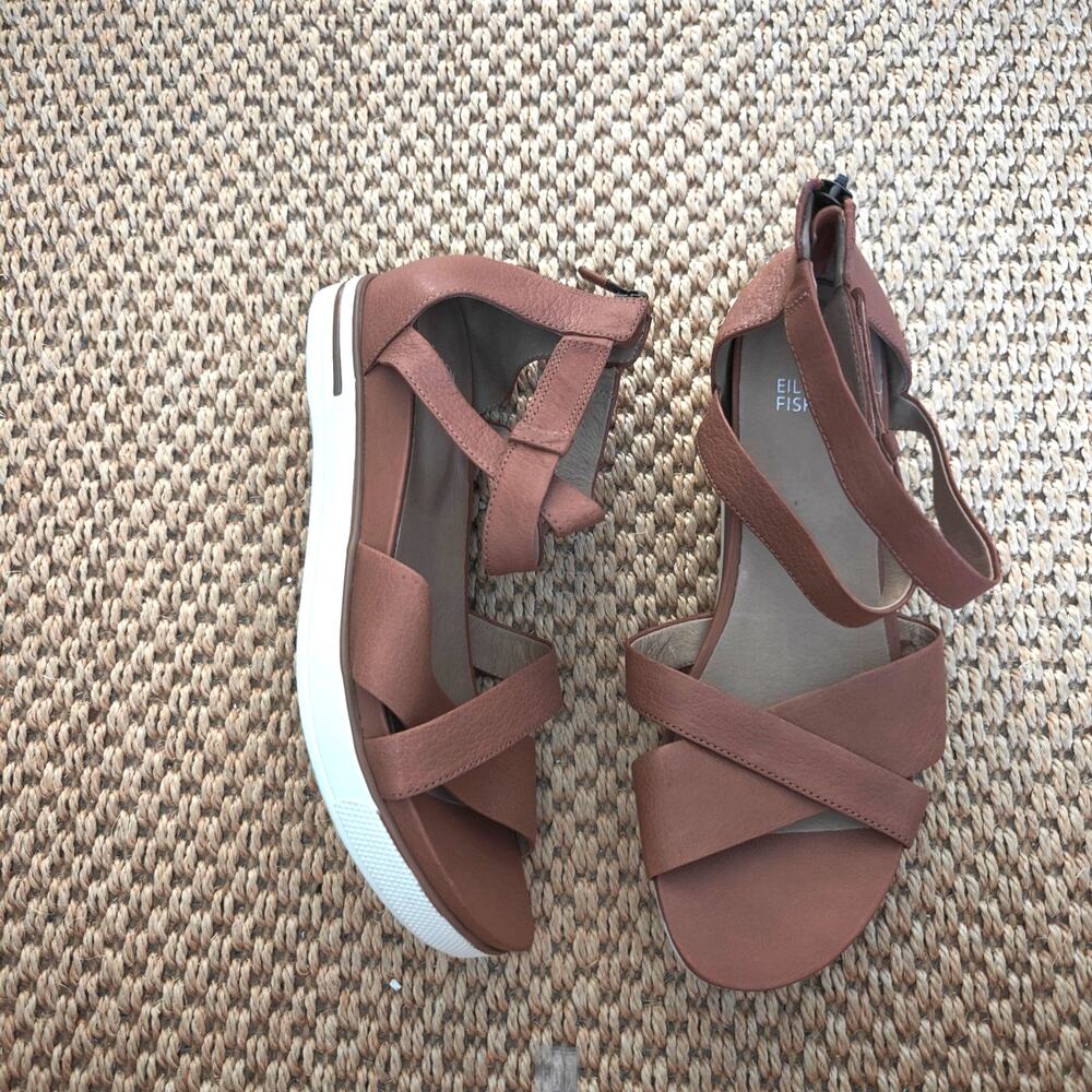 Eileen Fisher Sport Brown Tumbled Leather Platform Strappy Sneaker Sandals 9.5